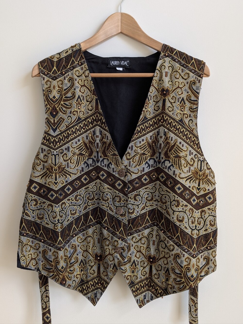 Vintage Lauren Vidal Large Beaded 100% Cotton Button Up Vest Bronze Brown Yellow